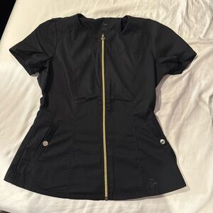 Jaanuu XS black and gold scrub top zipper